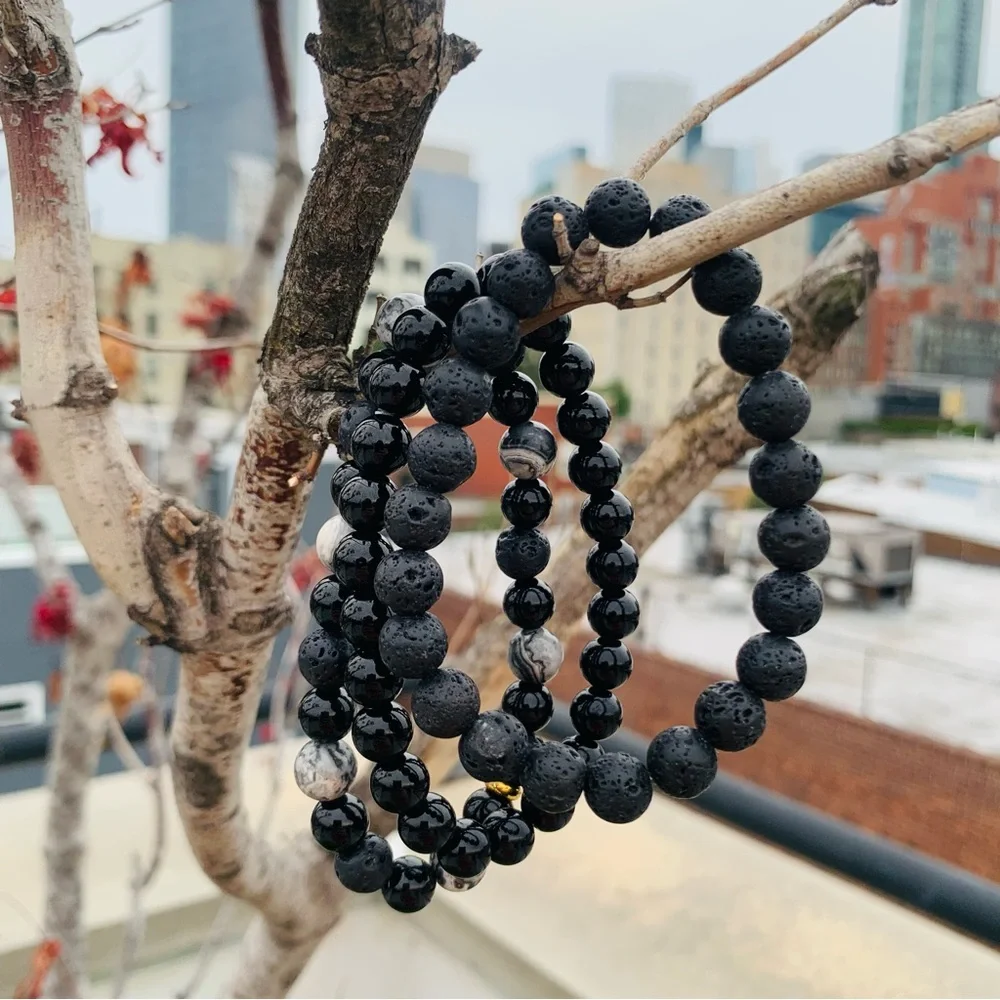 3pcs Set Mix Men’s Round Beaded Stone Elastic Bracelets